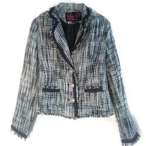 Y2K French Style Tweed Fringe Jacket Sz M Short Blue Gray  Blazer Office Preppy